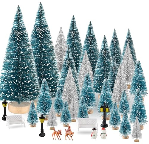 BOUBONI 35 Stück Mini Weihnachtsbaum Künstlicher Weihnachtsbaum Grün Klein Christbaum für Weihnachten Party (Dunkelgrün, Silber)