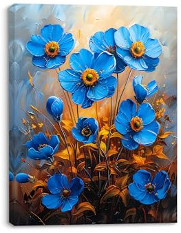 Piy Painting Impression sur toile Fleurs bleues, Peinture sur Toile de floral 30x40 cm, Image sur Toile, Decoration Murale Art Mural pour Chambre Cuisine Studio de yoga, Cadre en Bois Intégré