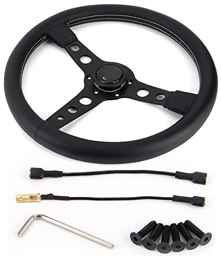 Volante universale in pelle Klanata per MOMO Prototipo Style, 350 mm/14 pollici, 6 bulloni, nero con cuciture grigie, include pulsante clacson