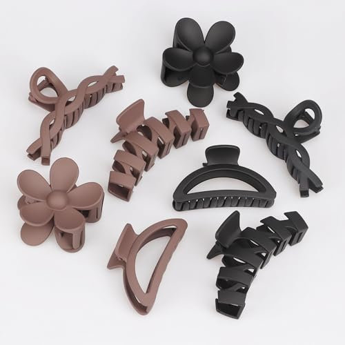 Assortiment de 8 grandes pinces à cheveux pour femme, pinces à fleurs pour cheveux épais, accessoires de cheveux antidérapants avec plusieurs styles, couleurs neutres (Dark Brown/Black)