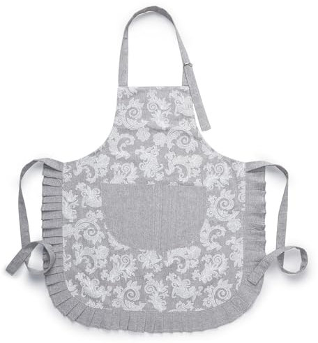Encasa XO Schürze für Frauen | Baumwolle Chambray Stoff mit Blumen-Rüschen | Küchenschürze Kochschürze mit 2 großen Taschen | Stylischer Schutz - 70x85 cm - Grau