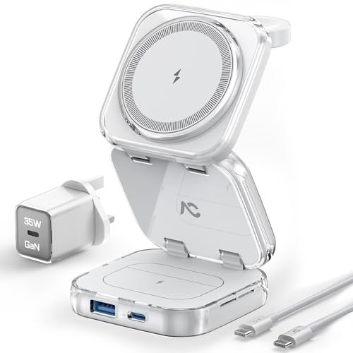 Mag-Safe Ladestation, AC Island 5 in 1 Ladestation Apple Watch und iPhone, Faltbar Reisen Wireless Charger für iPhone 16/15/14/13/12 Series, AirPods 4/3/2/Pro, Apple Watch S10-1/Ultra - (Weiß)