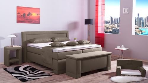 Boxspringbett Rico 240x220, W-Sahara, 7-Zohnen Taschenfederkernmatratze, Komfortschaum - Inklusive Aufbau - Deutscher Hersteller