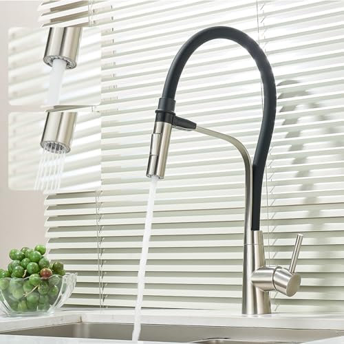 Maynosi Pull Down Kitchen Sink Mixer Tap, 360° Swivel Kitchen Taps with Flexible Black Silicone Hose, Single Lever Faucet with 2-Mode Magnetic Docking Sprayer (Brushed Stainless Steel)