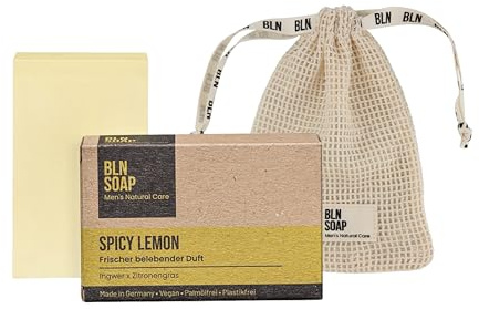 Feste Seife Männer + Baumwoll-Seifensäckchen: 3-in-1 Männerseife + Seifenbeutel für Aufbewahrung & Peeling – Seifenstück Nachhaltig & Vegan, Natürliche Duschseife für Hand, Körper & Haare, BLN SOAP