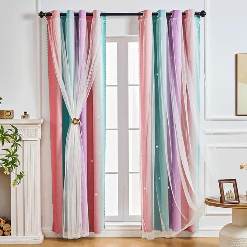 SeseBee 2-teilige Vorhänge für Mädchenschlafzimmer, Kinderzimmer, Tochterschlafzimmerfenster, Verdunkelungsvorhänge, Sternform, Ösenvorhänge (Rosa Lila Grün, B132×L182)
