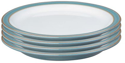 Denby - Azure Rimmed Medium Plate Set of 4 - Dishwasher & Microwave Safe Ceramic Crockery - Rimmed Powder Blue Glaze Effect Stoneware - Lunch, Dinner Plate Set - Chip Resistant - L17.5xW17.5xH2cm