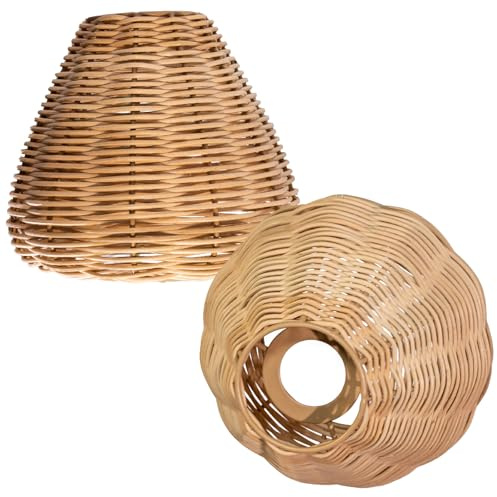 Osasy Lampenschirm, Rustikale Rattan Lampenschirme mit handgeflochtenem Schirm für Hängelampe, Rund, E27, Boho-Design, Naturfarben