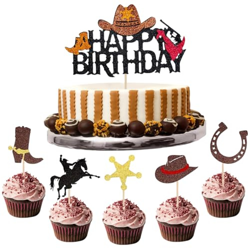 21 Pezzi Decorazioni per Torte Cowboy,Western Cavalli Compleanno,Decorazione per Torte,Cupcake Topper,Decorazioni per feste cappello luccicante a forma di cavallo, stivali e ganci