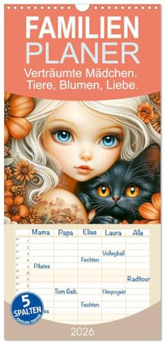 Familienplaner 2026 - Verträumte Mädchen. Tiere, Blumen, Liebe. mit 5 Spalten (Wandkalender, 21 cm x 45 cm), CALVENDO: Zauberhafte Momente inmitten von Blumen und mit Tieren (CALVENDO Tiere)