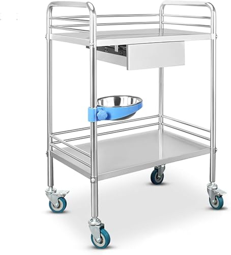 Medizinischer Trolley Wagen Dental Lab Cart Edelstahl Laborwagen Medizinische Krankenhausausrüstung Tragbarer Servierwagen Mit Rädern, Small Drawer, 2 Layer-61x41x91cm