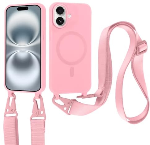 Jrkvniv Cover per iPhone 16 Plus con Cordino [Compatibile con MagSafe ] Custodia con Regolabile Laccio Collana Tracolla, Ultra Sottile Silicone Antiurto AntiGraffio Case per iPhone 16 Plus 6,7, Rosa