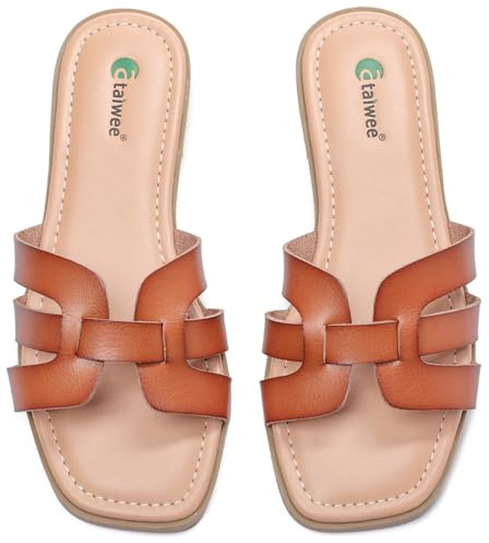 Ataiwee Sandali da donna Slide comodi, eleganti sandali estivi piatti, solette morbide, eleganti pantofole estive, De marrone chiaro, 43 EU