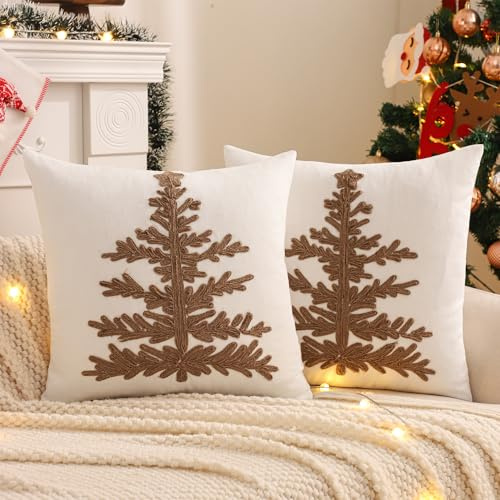 2 Stück Weihnachten Kissenhülle 45x45 cm Winterliche Seilstickung Baum | Jute Stickerei Couchkissen Schlafzimmer kissenbezüge Sofakissenbezüge für Sofa Wohnzimmer Schlafzimmer Couch