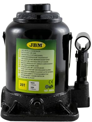 JBM Cric Idraulico a Bottiglia, 20 Tonnellate, Nero, Per Auto Ribassate, Altezza Min 190mm Max 335mm, Certificato CE