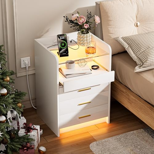 Nachttisch mit 2AC-Steckdose/2 USB-Anschlüsse & 1 RGB LED-Beleuchtung, Nachtkästchen mit 3 Schubladen & 1 Ausziehrega & 1 offene Partition,Platzsparend für Schlaf & Arbeitszimmer(45x40x65 cm,Weiß)
