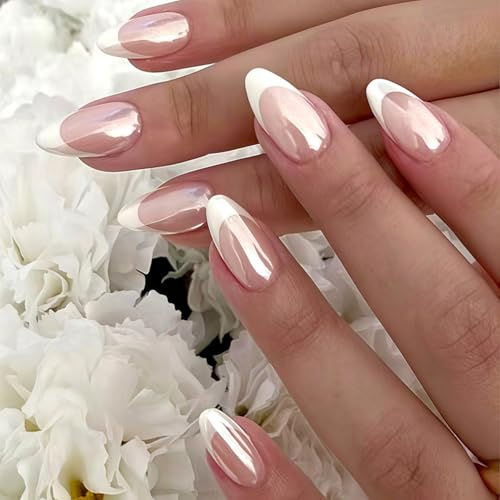 24PCS French Press on Nails,Medium Almond False Nails with Elegant White Edge,Full Cover Acrylic Nail Glossy Nails,French Fake Nails with Glue Removable Nail Art Gifts for Women and Girls