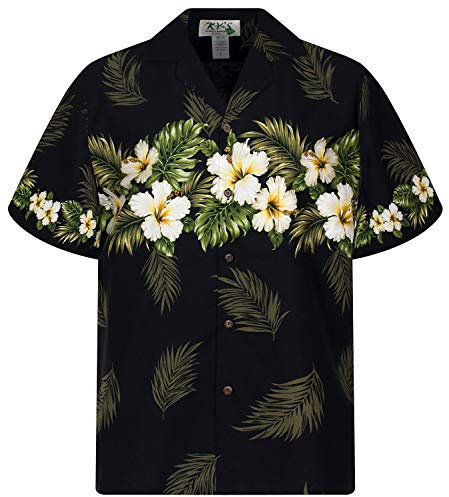 KY's Original Hawaiihemd, Brustdruck Gelber Hibiskus, schwarz, S