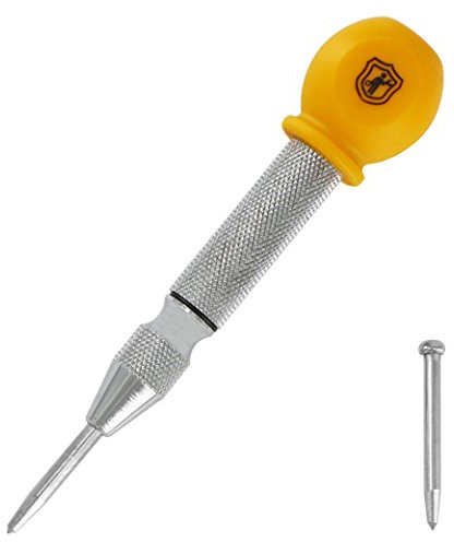 Mulwark 5 Federgeladene Automatik-Körner, Stahl Center Punch für Holz, Metall, Kunststoff, Auto-Fenster-Notfallwerkzeug – mit Palm Cushion Cap, einstellbarer Schlagkraft und Ersatzspitze