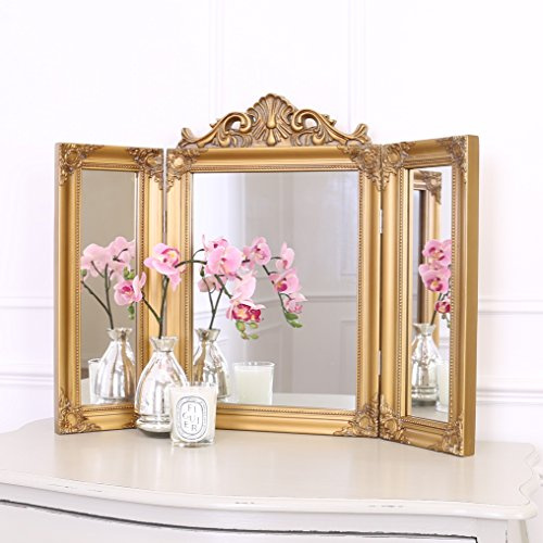 Select Mirrors Ella Mirror – Tri Fold Dressing Table Mirror – 74cm x 55cm Free Standing Makeup (Antique Gold)