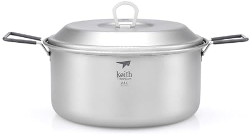Keith Pentola in Titanio TI6018 – Pentola da 2,5L in Titanio Puro a Grande Capacità – Leggera e Resistente per Campeggio, Bushcraft e Cucina Quotidiana