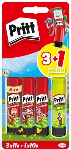 Pritt Colla stick di design, colla sicura e adatta ai bambini, per lavori di arte e artigianato, colla forte per la scuola, 3 x 11 g originale e 1 penna colorata Pritt da 10 g, 9H PBS4B