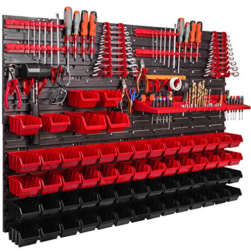 Werkstattregal 1152 x 780 mm Stapelboxen Lagersystem Wandregal Werkzeughalterungen Schüttenregal Sichtlagerkästen Extra Starke Wandplatte Regal Erweiterbar (62 Boxen rot/schwarz)