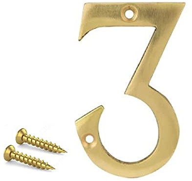 TERF® 3 Inch (75mm) Brass Polished Finish Screw Fix Front Door Number '' 3 '' Mailbox Hotel House Door Number Suitable for All Door Types Wooden, u PVC and Composite With Fixing Screw [ Number - 3 ]
