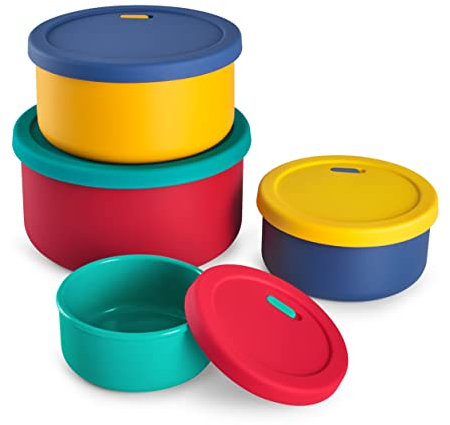 KSENDALO Silicone Mixing Bowls Set, 2100mL/71oz to 400mL/13.5oz Reusable Food Storage Containers for Camping, Home, Stackable Dishwasher Safe Silicone Bowls with Lid, Muticolor