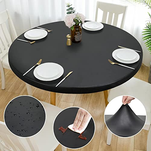 Rinpon Double Fitted Design PU Runde Fitted Tischdecke, Anti-Tear Wischbare Elastische Runde, Soft-Touch wasserdichte ölfeste Tischdecke (Schwarz, 125cm-132cm Rund)