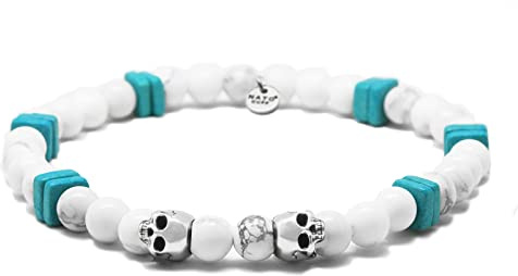 Nato Cuff - 925 Sterling Silber Totenkopf Skull Armband - Howlite Perlen Halbedelsteine ​​- Griechische Keramikperlen- Herren und Damen schmuck Handgefertigt in Frankreich (Medium 17cm)