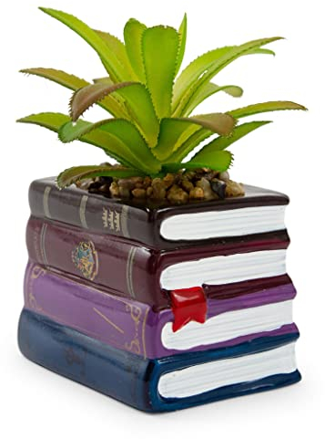 Harry Potter Book Stack Pot de fleurs en céramique de 7,6 cm avec plantes succulentes artificielles | Petit pot de fleurs, fausse plante d'intérieur pour étagère de bureau, plateau à bijoux |