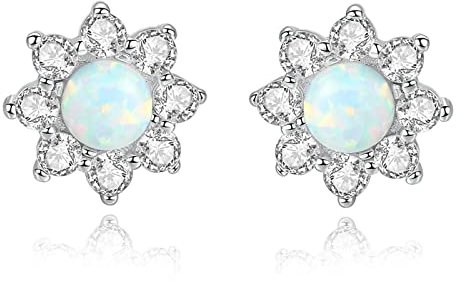 Mode Ohrringe Damen Weiß, Ohrstecker Silber 925 Sun Flower Blümchenform Rund Erstellt Opal Ohrringe 8x8mm Frauen Ohrringe