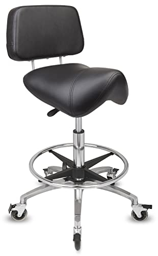 Staboos Rollhocker bis 160 kg - Premium Sattel Sitz mit Lehne und Bremse - Praxishocker (Premium Rollen und Fußstütze) Drehhocker höhenverstellbar (55 cm bis 75 cm) Sattelhocker