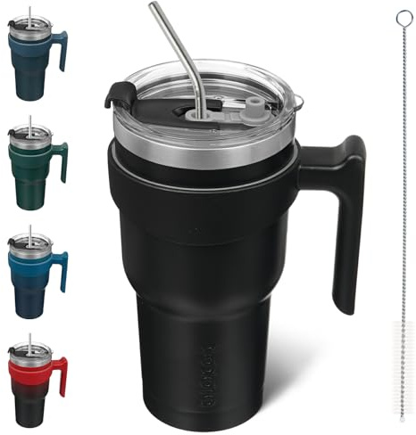 BJPKPK Tumbler con manico in acciaio inox a doppia parete isolata con coperchio e cannuccia, nero