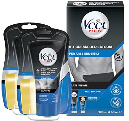 Veet Men Crema Depilatoria Sotto la doccia x2 Pelli Sensibili + Veet Men Kit Depilazione Intima Pelli Sensibili