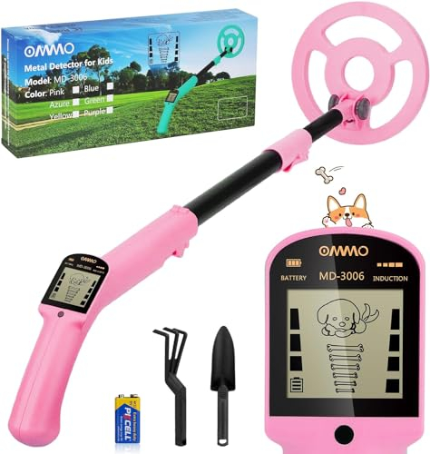 Metalldetektor Kinder Rosa, OMMO Metalldetektoren für Kinder ab 8 mit LCD-Display, Leichter Metal Detector Kids mit Verstellbarem Stiel, 6 '' Suchspule, Metalldetektor Set mit Schaufel Rechen