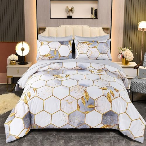 Freyamy 3D Marmor Bettwäsche 135x200cm 2teilig Weiß Grau Gold Geometrische Marmormuster Luxus Bettwäsche 100% Mikrofaser Bettwaren-Sets Weiche Bettbezug mit Reißverschluss und Kissenbezug 80x80cm