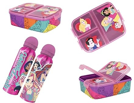 PELLECCHIA 1969 | Set Pranzo Scuola 2 Pezzi | Porta Merenda Scuola con 3 scomparti in Plastica BPA Free e Borraccia Alluminio da 500 ML (Princess Bright & Bold)