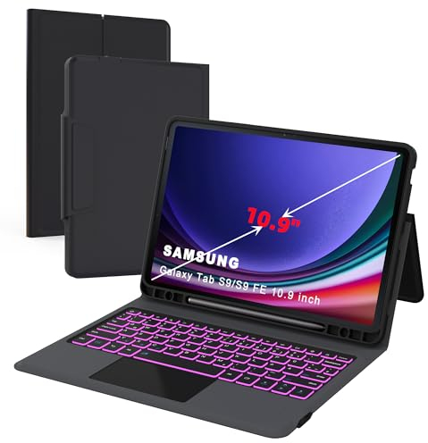 ROOFEI Tastatur Hülle für Galaxy Tab S10 FE S9 FE 10.9 Zoll/S9 11 Zoll: 7-Farbige Beleuchtung Deutsches QWERTZ-Layout Tastatur mit Touchpad | Kabellose Tastaturen Schutzhülle mit S Pen Halter