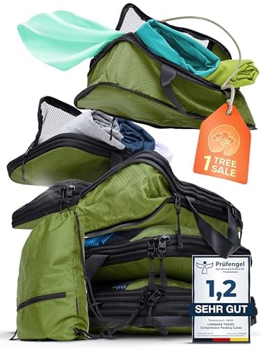 Packwürfel Kompression für Koffer und Rucksack [7-teilig] mit Packbeutel - mehr Platz im Koffer oder Backpack durch Kompression – Packing Cubes Kompression für deine Wander Ausrüstung (grün)