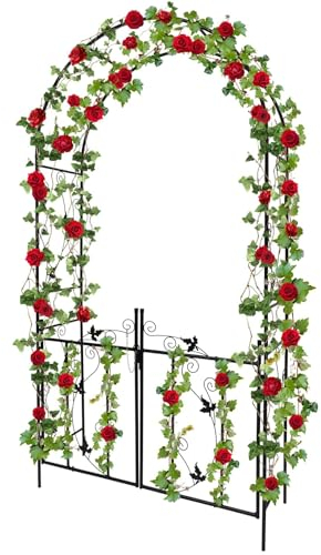 2,3 M Arco de Jardín con Puerta, Kalolary Cenador Jardín Metal Resistente para Plantas Trepadoras Enrejado Boda Arco Túnel Jardín Enrejados Flores Soporte Escalada para Césped Patio Al Aire Libre