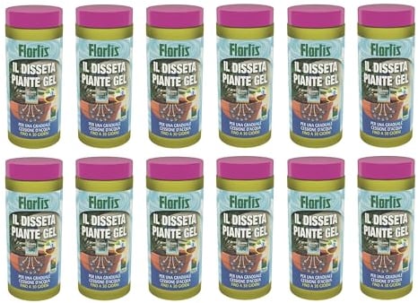 Flortis Disseta Piante Gel. Gel irrigazione Piante. Palline Acqua Gel per Piante. Riserva Acqua per Piante in Vaso e Fiori. Gel per Piante Vacanza. Interno ed Esterno Rilascio graduale (12 flaconi)