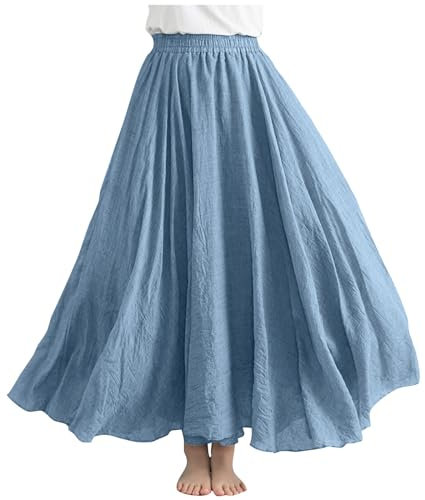 Cotton Linen A-Line Maxi Skirt for Women - Elegant High Waist Office Work Swing Style - Solid Basic Long Length Party Going Out Strappy Ladies