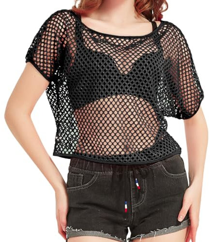 WILDPARTY 80er 90er Jahre Outfit Damen, Netzoberteil, Mesh Oberteil, Neon Shirt Aerobic Kostüm Sexy, Off Shoulder 80s Kleidung Sommertops Schlager Mottoparty Karneval Schwarz L