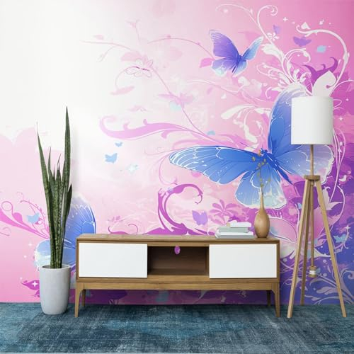 Vlies Fototapete Rosa Tapete 350 x 256 cm, Fantasy Pflanzenschmetterling mit Streifen Fototapete Schlafzimmer Wohnzimmer Vliestapete Wandtapete Motivtapeten Bildtapete 3d Effekt Wand Dekoration