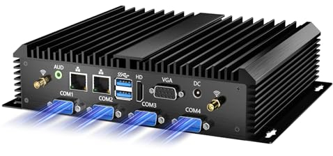 Kinupute Industrie Mini PC, Computer Desktop Lüfterloser Core i7-5500U 2.4-3.0GHz, Windows 10 Pro, 16G RAM, 512G SSD, Doppia LAN, 6xCOM RS232, 4xUSB 3.0, Porte HDMI/VGA, Accensione Automatica
