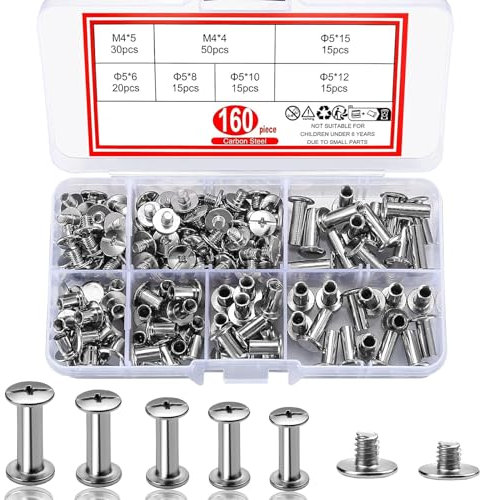 Dtoterul 160 Pièces Rivet a Visser, Vis de Reliure, Rivets de Reliure à Tête Plate, Chicago Vis Assortiment Kit, Pour Bricolage Cuir, Livre, Album Photo, Ceinture en Cuir - 4/5/6/8/10/12/15mm