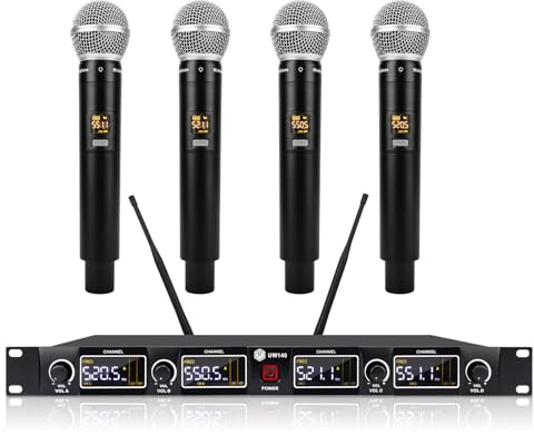 W IN-MIX UW140 4 Channel UHF Wireless Microphone System Handheld Mics | Mic Receiver for Church, Karaoke Wedding & Live Performance Cordless Mic 260ft Range 120 Frequencies