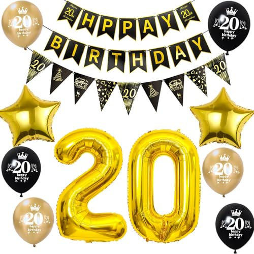 Luftballon 20. Geburtstag Dekoration Mann frauen Schwarz Gold 20 Geburtstag Mann Party Deko geburtstagsdeko 20 jahre frauen 20 Banner Wimpelkette 20 männer Dekoration
